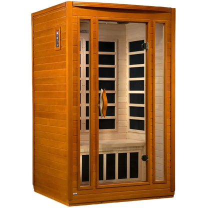 Dynamic San Marino 2 Person Far Infrared Sauna, featuring a wooden exterior and glass door, showcasing the interior seating and design.