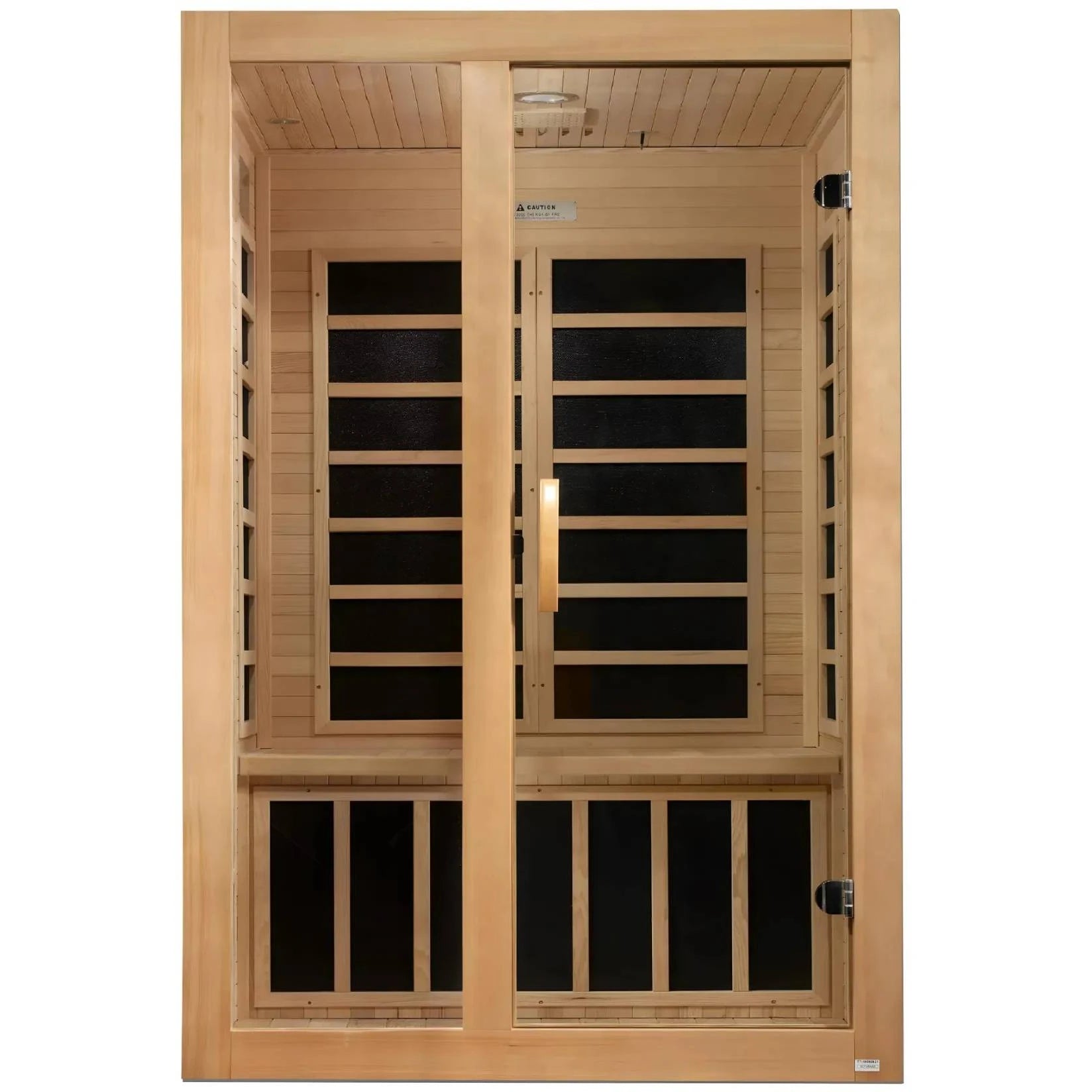 Dynamic Santiago 2 Person Far Infrared Sauna featuring a wooden exterior and glass door panels.