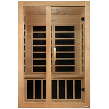 Dynamic Santiago 2 Person Far Infrared Sauna featuring a wooden exterior and glass door panels.