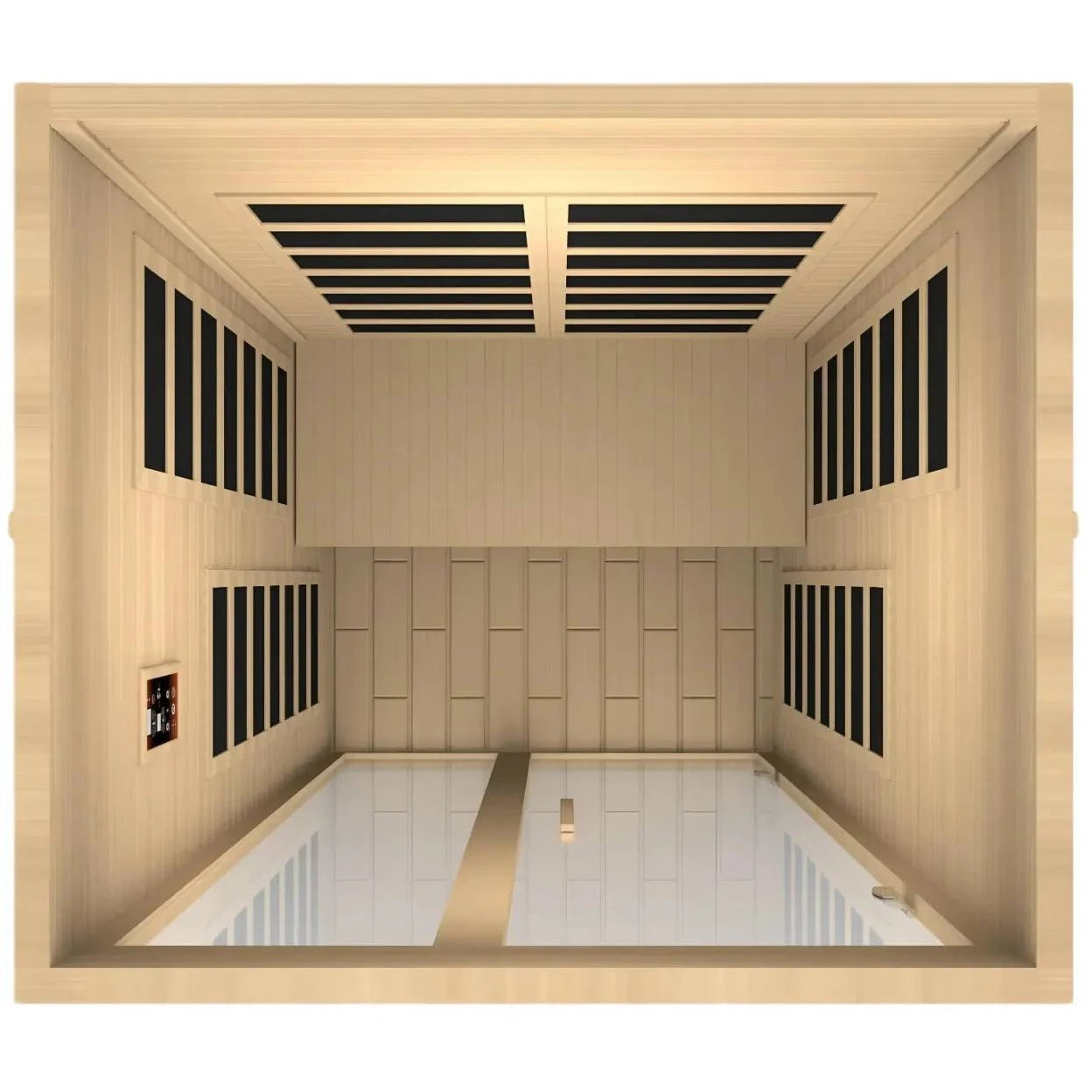Interior view of the Dynamic Santiago 2 Person Far Infrared Sauna, showcasing wooden paneling, multiple infrared heating panels, and a spacious layout.