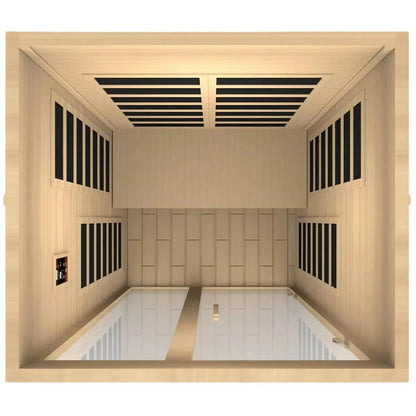 Interior view of the Dynamic Santiago 2 Person Far Infrared Sauna, showcasing wooden paneling, multiple infrared heating panels, and a spacious layout.