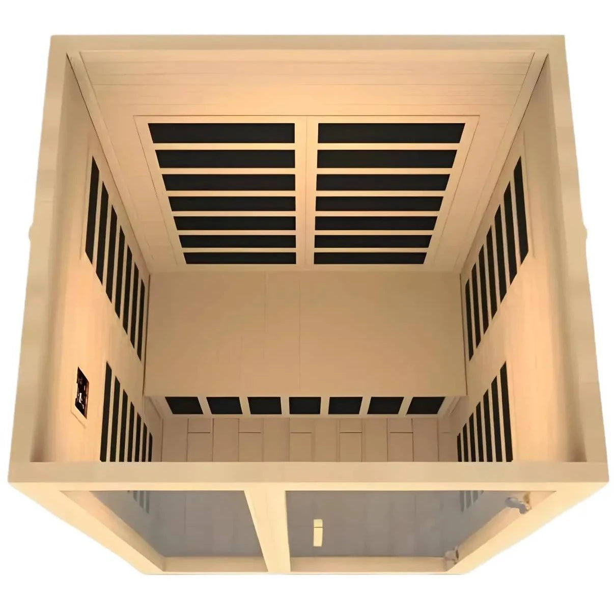 Top view of a Dynamic Santiago 2 Person Far Infrared Sauna showing the interior layout and heating panels.