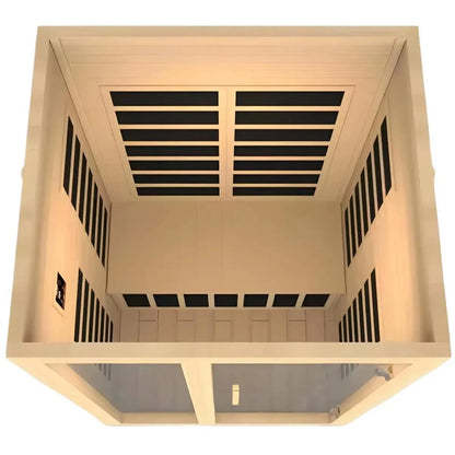 Top view of a Dynamic Santiago 2 Person Far Infrared Sauna showing the interior layout and heating panels.