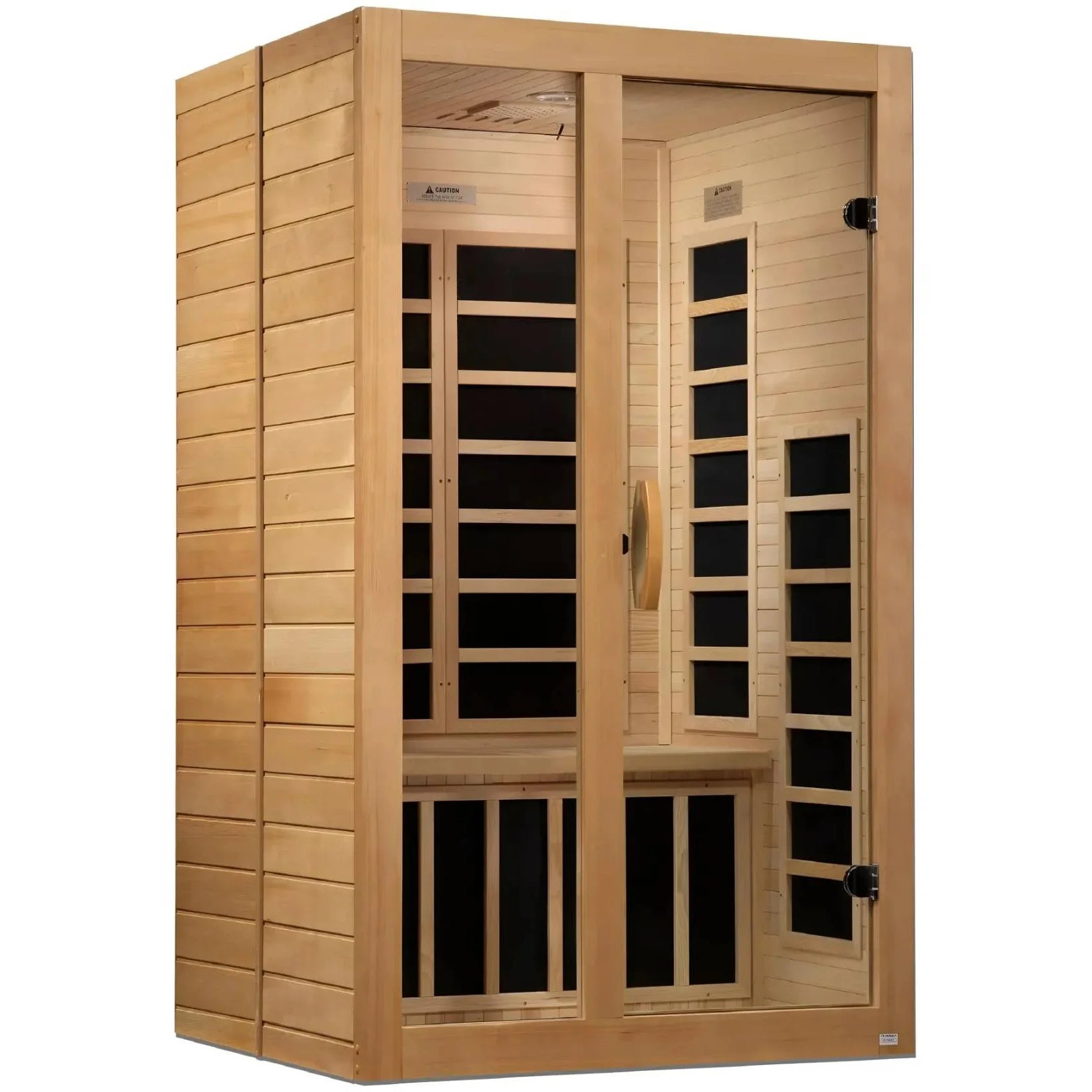 Dynamic Santiago 2 Person Far Infrared Sauna, featuring a wooden exterior and glass door, designed for relaxation and wellness.
