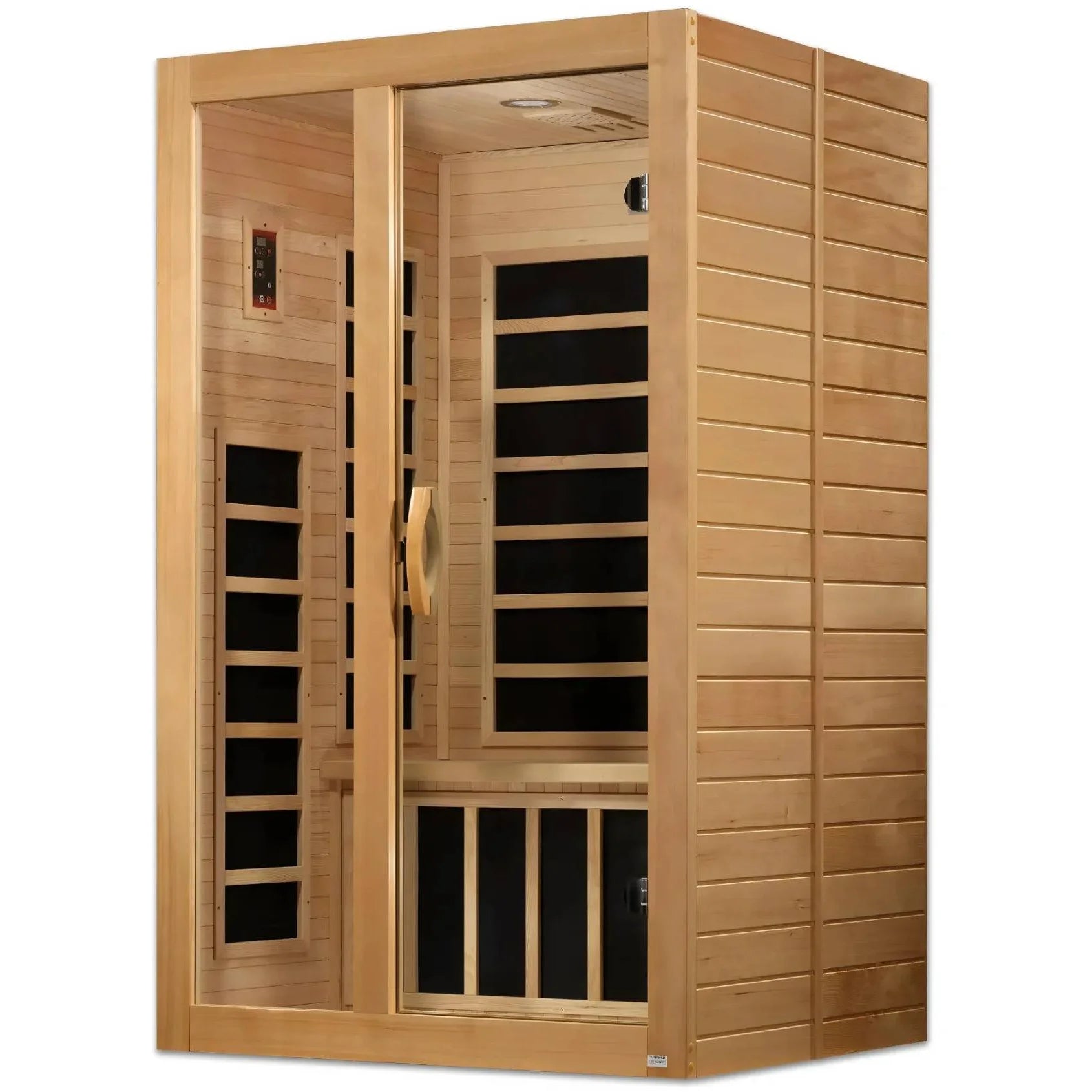 Dynamic Santiago 2 Person Far Infrared Sauna featuring a wooden structure with glass doors and interior seating.