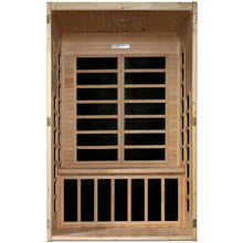 Interior view of the Dynamic Santiago 2 Person Far Infrared Sauna featuring wooden panels and seating.