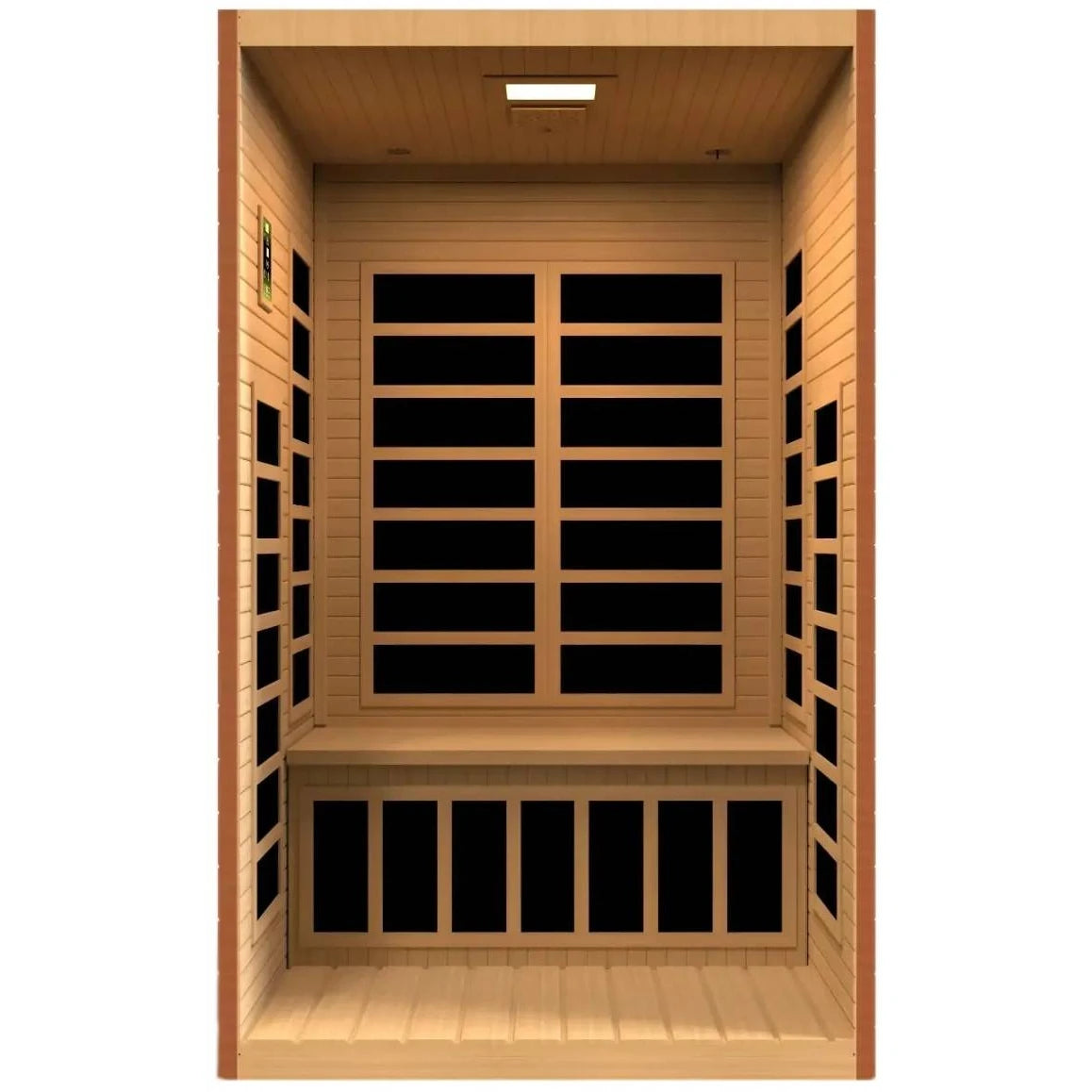Interior view of the Dynamic Santiago 2 Person Full Spectrum Infrared Sauna, featuring wooden paneling and seating, designed for relaxation and wellness.