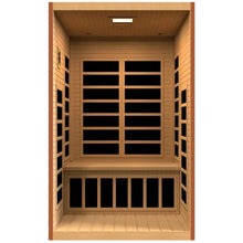 Interior view of the Dynamic Santiago 2 Person Full Spectrum Infrared Sauna, featuring wooden paneling and seating, designed for relaxation and wellness.