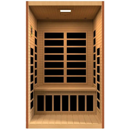 Interior view of the Dynamic Santiago 2 Person Full Spectrum Infrared Sauna, featuring wooden paneling and seating, designed for relaxation and wellness.