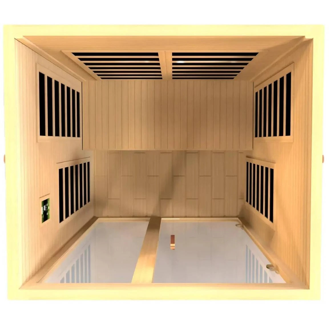 Interior view of the Dynamic Santiago 2 Person Full Spectrum Infrared Sauna, featuring wooden paneling, multiple infrared heaters, and a spacious design.