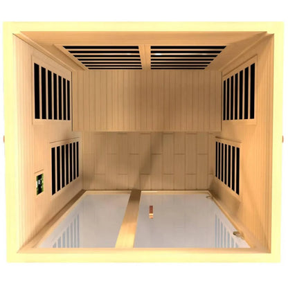 Interior view of the Dynamic Santiago 2 Person Full Spectrum Infrared Sauna, featuring wooden paneling, multiple infrared heaters, and a spacious design.