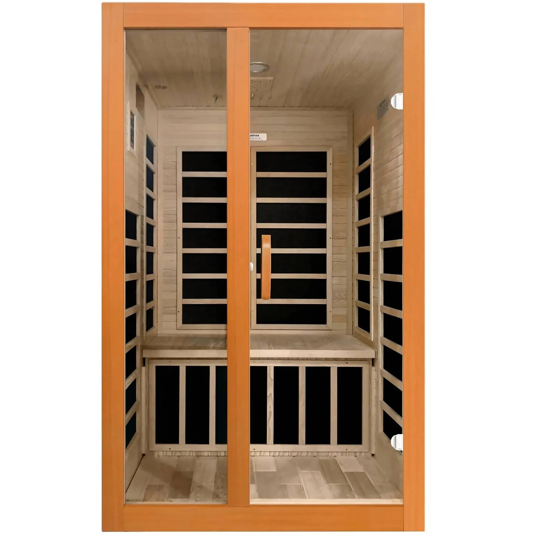 Dynamic Santiago 2 Person Full Spectrum Infrared Sauna with wooden frame and glass doors, showcasing the interior seating and paneling.