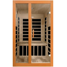 Dynamic Santiago 2 Person Full Spectrum Infrared Sauna with wooden frame and glass doors, showcasing the interior seating and paneling.