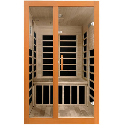 Dynamic Santiago 2 Person Full Spectrum Infrared Sauna with wooden frame and glass doors, showcasing the interior seating and paneling.