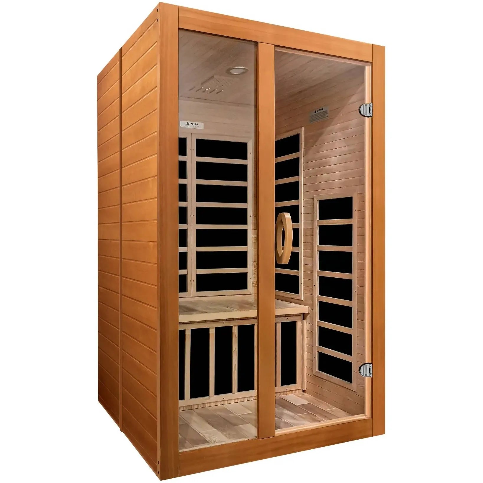 Dynamic Santiago 2 Person Full Spectrum Infrared Sauna featuring a wooden exterior, glass doors, and interior seating.