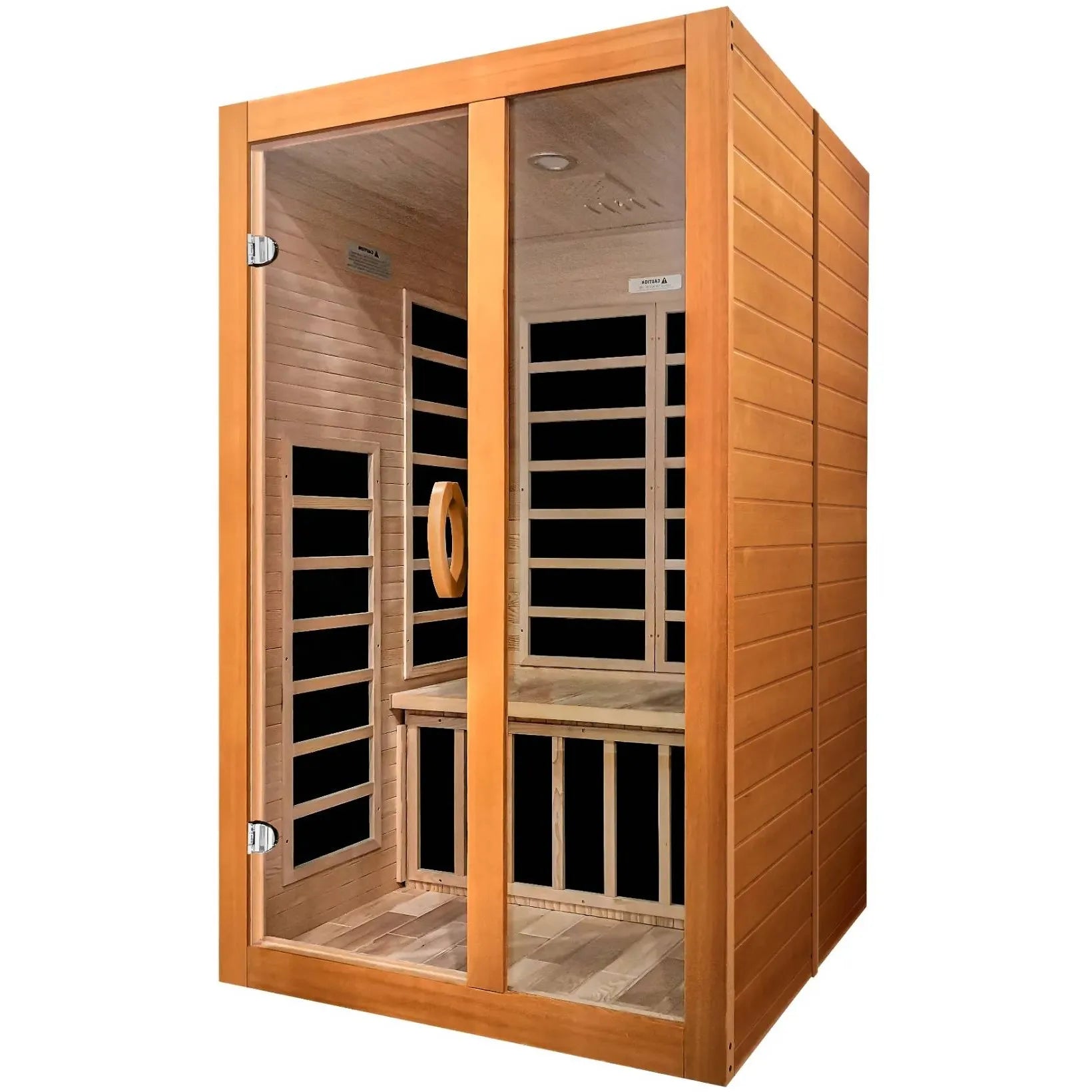 Dynamic Santiago 2 Person Full Spectrum Infrared Sauna featuring a wooden exterior and two glass doors, showcasing the interior seating and shelving.