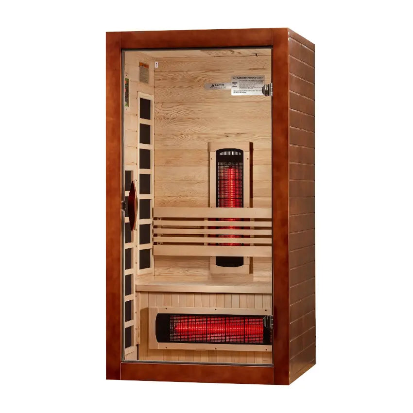 Wooden infrared sauna with glass door and bench, housing heater.