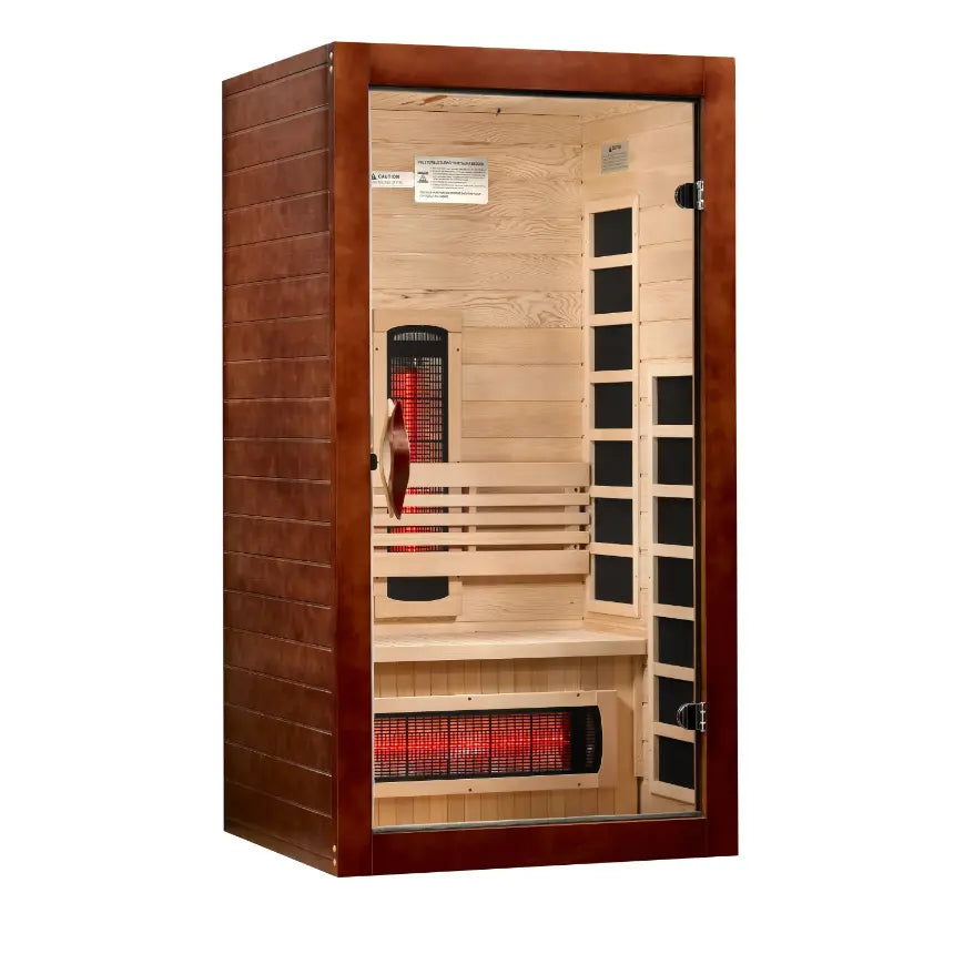 Full-spectrum infrared sauna cabinet with glass door and heater.