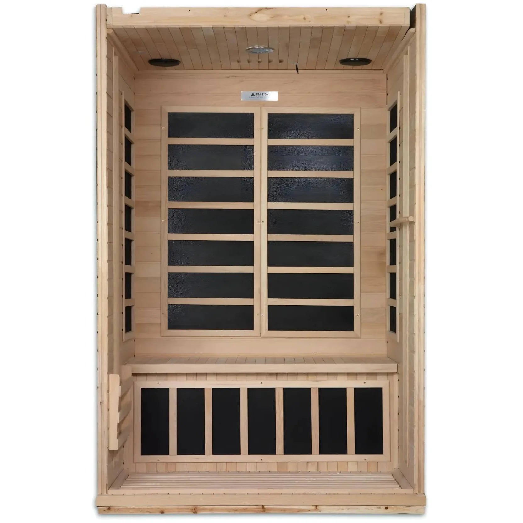 Interior view of the Dynamic Venice 2 Person Far Infrared Sauna featuring wooden paneling and black glass accents.