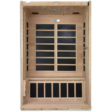 Interior view of the Dynamic Venice 2 Person Far Infrared Sauna featuring wooden paneling and black glass accents.