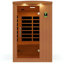 Dynamic Venice 2 Person Far Infrared Sauna featuring wooden paneling, a glass door, and an interior with seating and control panel.