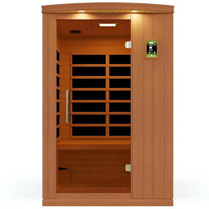Dynamic Venice 2 Person Far Infrared Sauna featuring wooden paneling, a glass door, and an interior with seating and control panel.