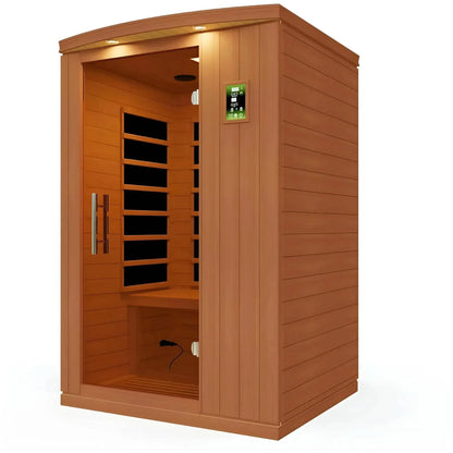Dynamic Venice 2 Person Far Infrared Sauna featuring a wooden exterior, glass door, and control panel inside.