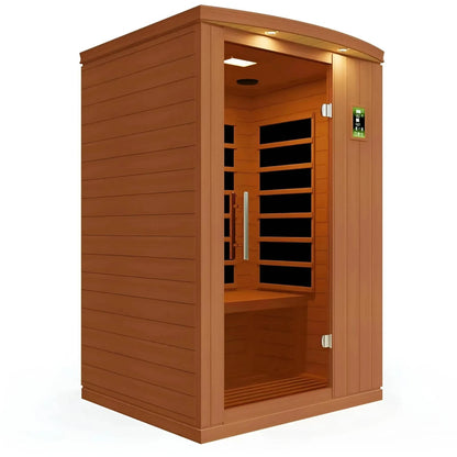 Dynamic Venice 2 Person Far Infrared Sauna, featuring a wooden exterior and an open door showcasing the interior seating and control panel.
