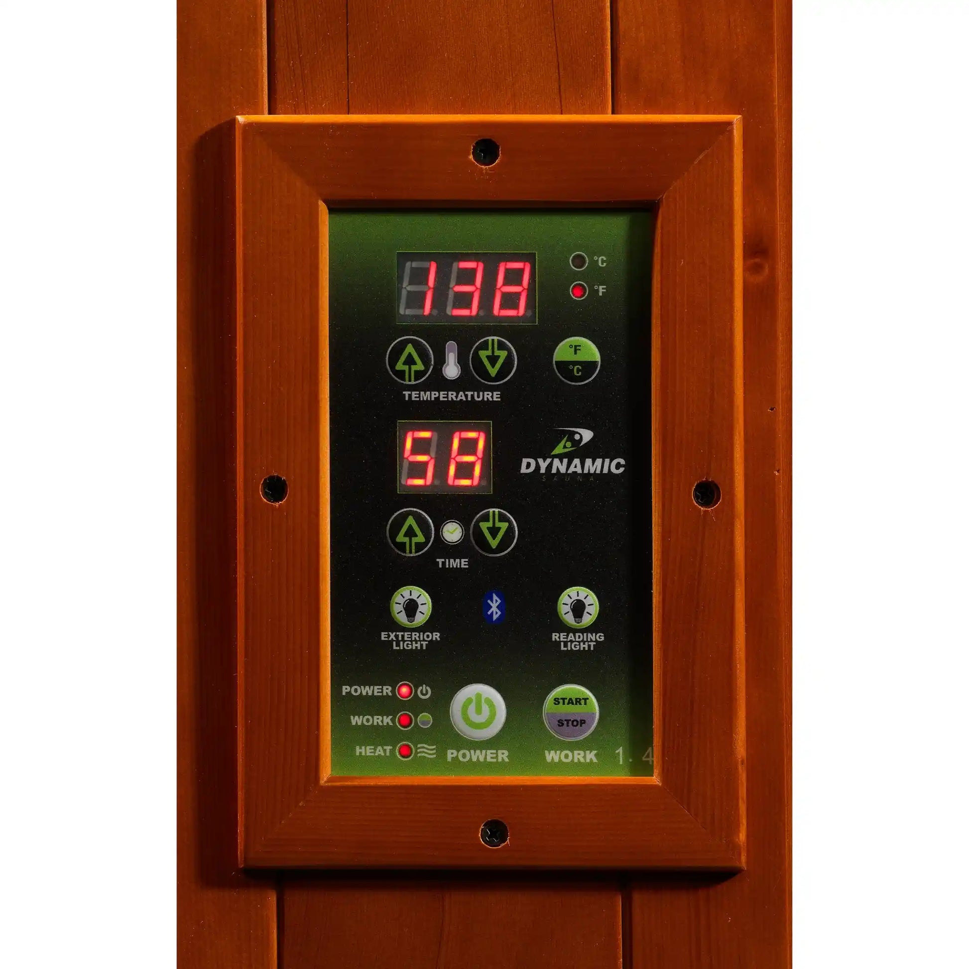 Dynamic Venice Limited Edition 2 Person Far Infrared Sauna digital control panel with temperature display on a wooden background
