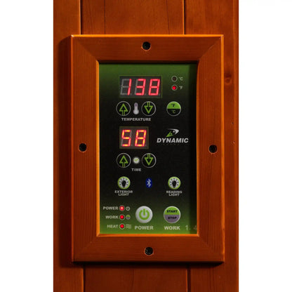 Dynamic Venice Limited Edition 2 Person Far Infrared Sauna digital control panel with temperature display on a wooden background
