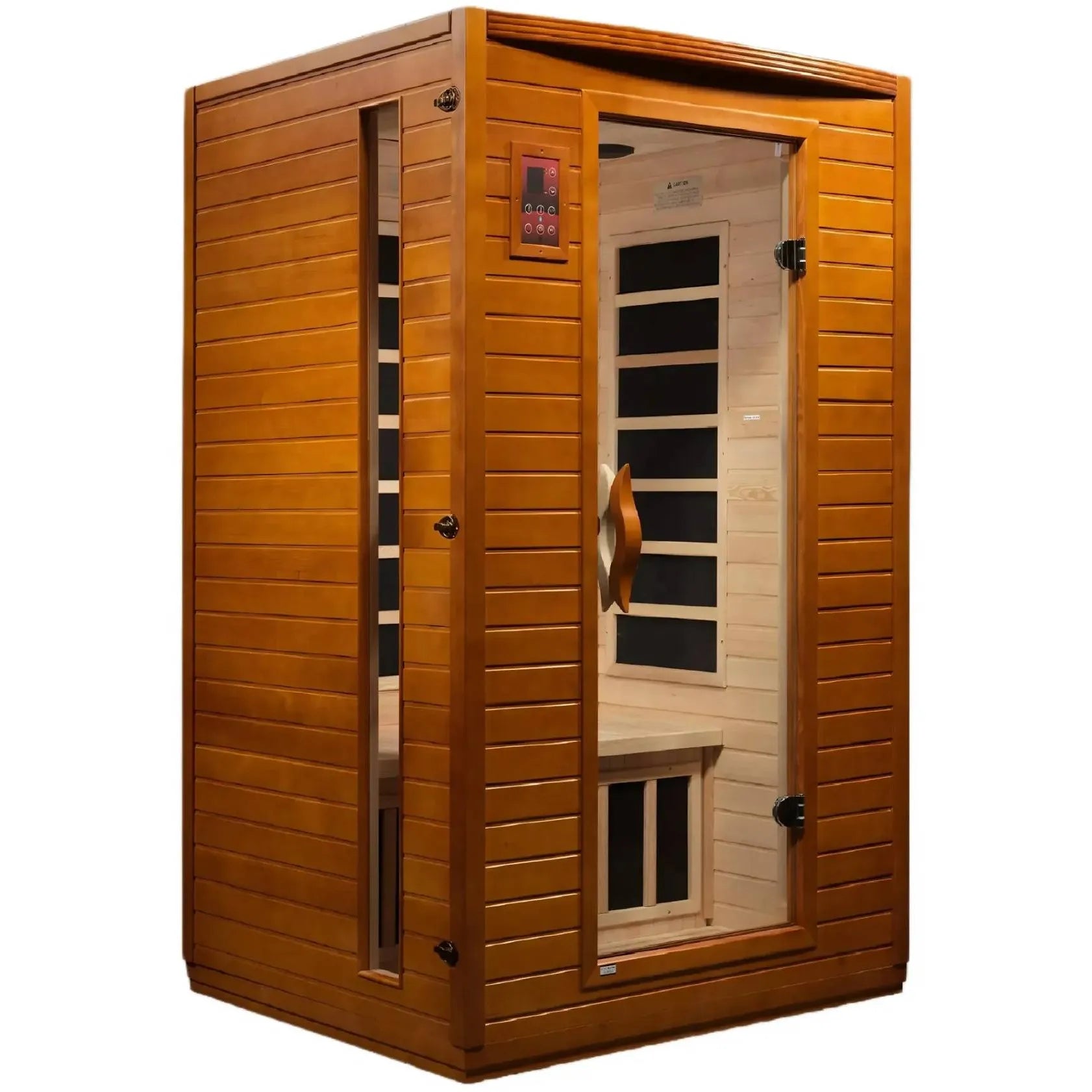 Dynamic Versailles 2 Person Far Infrared Sauna, featuring a wooden exterior with glass door and control panel.