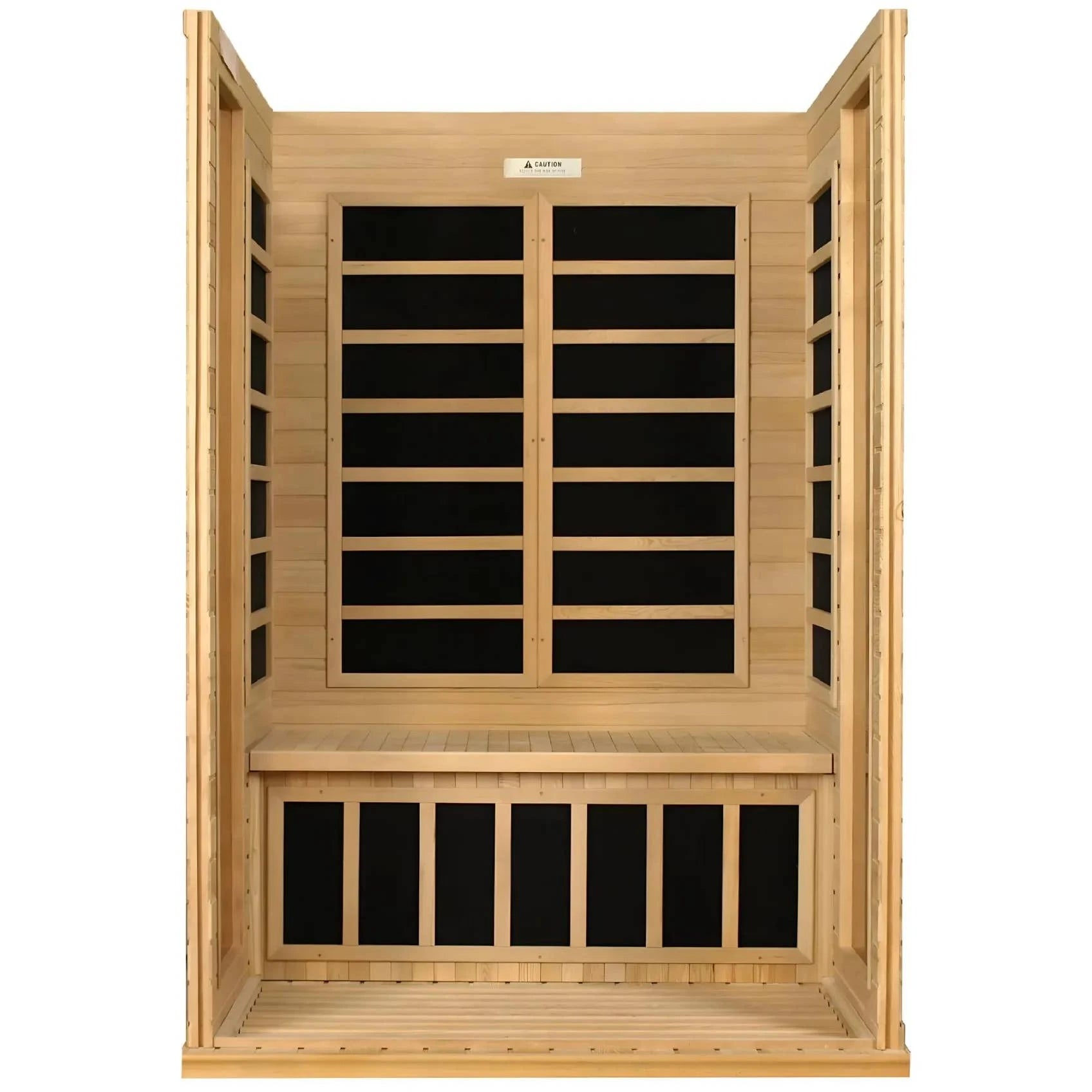 Dynamic Versailles 2 Person Far Infrared Sauna, featuring a wooden interior with bench seating and black panel accents.