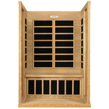 Dynamic Versailles 2 Person Far Infrared Sauna, featuring a wooden interior with bench seating and black panel accents.