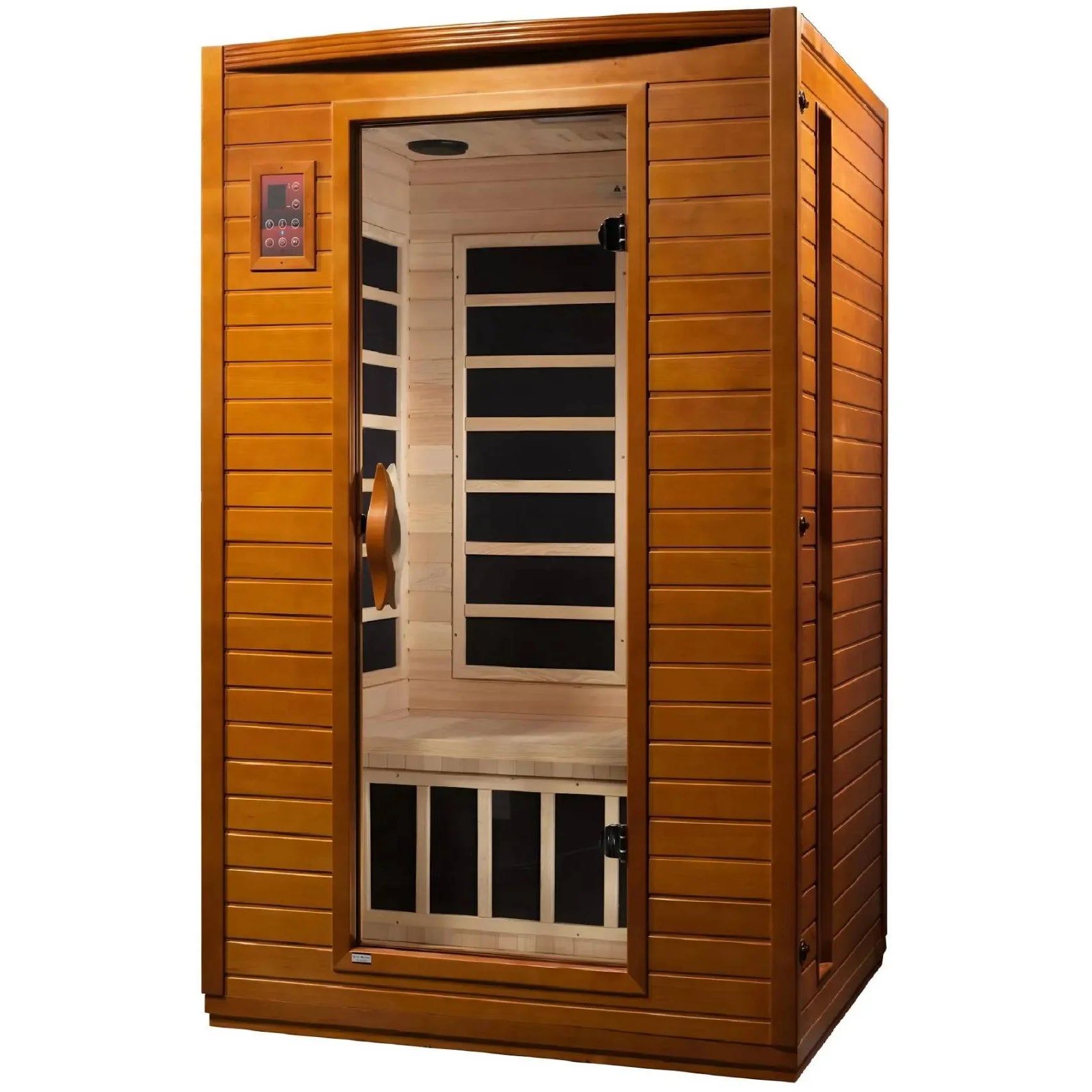 Dynamic Versailles 2 Person Far Infrared Sauna featuring a wooden exterior, glass door, and interior seating.