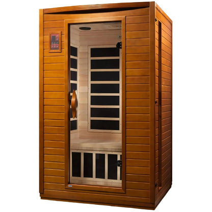 Dynamic Versailles 2 Person Far Infrared Sauna featuring a wooden exterior, glass door, and interior seating.