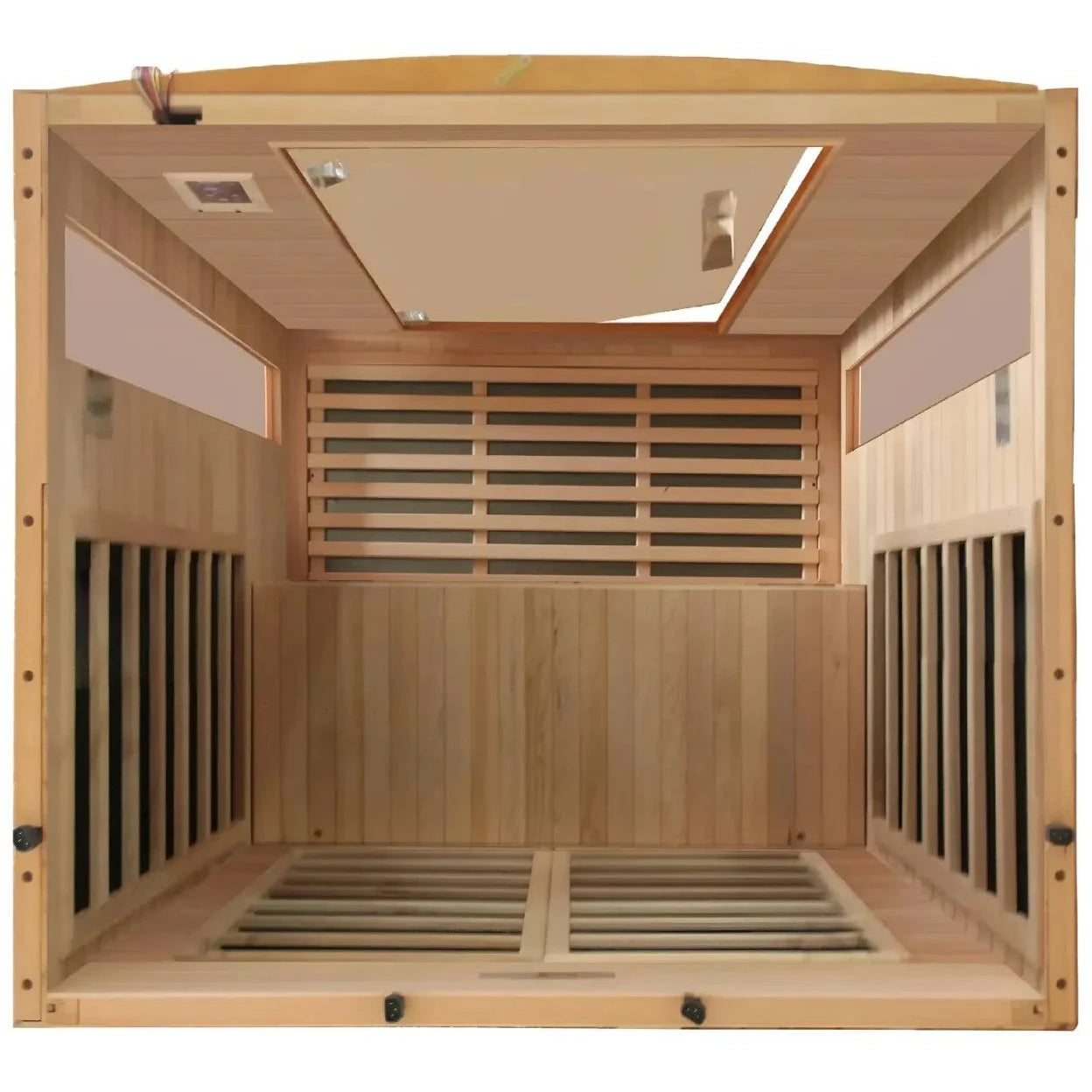 Interior view of the Dynamic Vila 3 Person Far Infrared Sauna featuring wooden panels and seating.