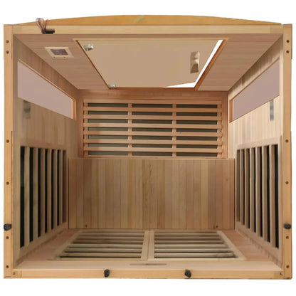 Interior view of the Dynamic Vila 3 Person Far Infrared Sauna featuring wooden panels and seating.