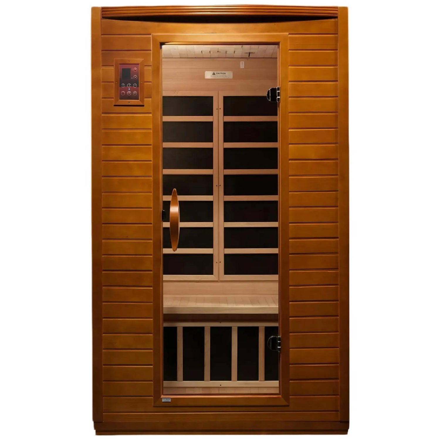 Dynamic Versailles 2 Person Far Infrared Sauna with a wooden exterior and a glass door, showcasing the interior seating and control panel.
