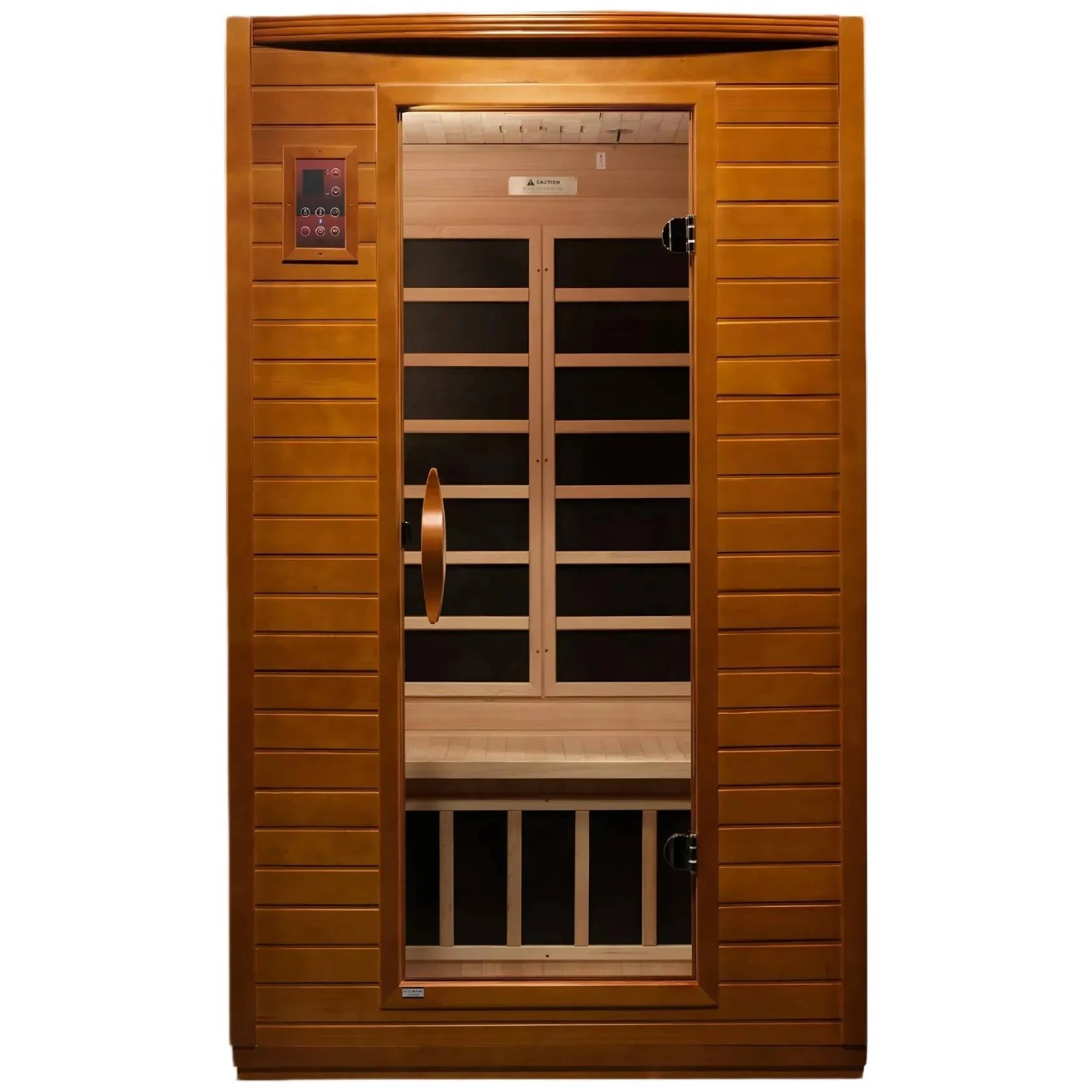 Dynamic Versailles 2 Person Far Infrared Sauna with a wooden exterior and a glass door, showcasing the interior seating and control panel.