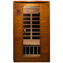 Dynamic Versailles 2 Person Far Infrared Sauna with a wooden exterior and a glass door, showcasing the interior seating and control panel.