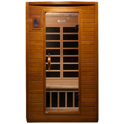 Dynamic Versailles 2 Person Far Infrared Sauna with a wooden exterior and a glass door, showcasing the interior seating and control panel.