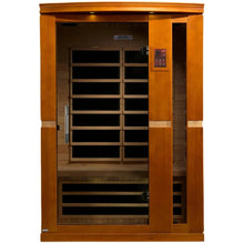 Dynamic Vittoria 2 Person Far Infrared Sauna featuring a wooden exterior and a digital control panel.