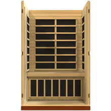 Dynamic Vittoria 2 Person Far Infrared Sauna with open doors showcasing the interior design and heating panels.
