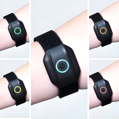 Echelon Beat Advanced Armband Heart Rate Monitor displayed on a wrist, featuring multiple color variations of the monitor.