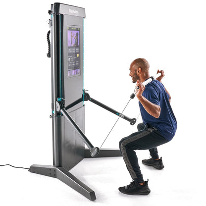 A person performing a squat exercise using the Echelon ES-PRO Commercial Strength Machine, which features a touchscreen display and adjustable resistance cables.