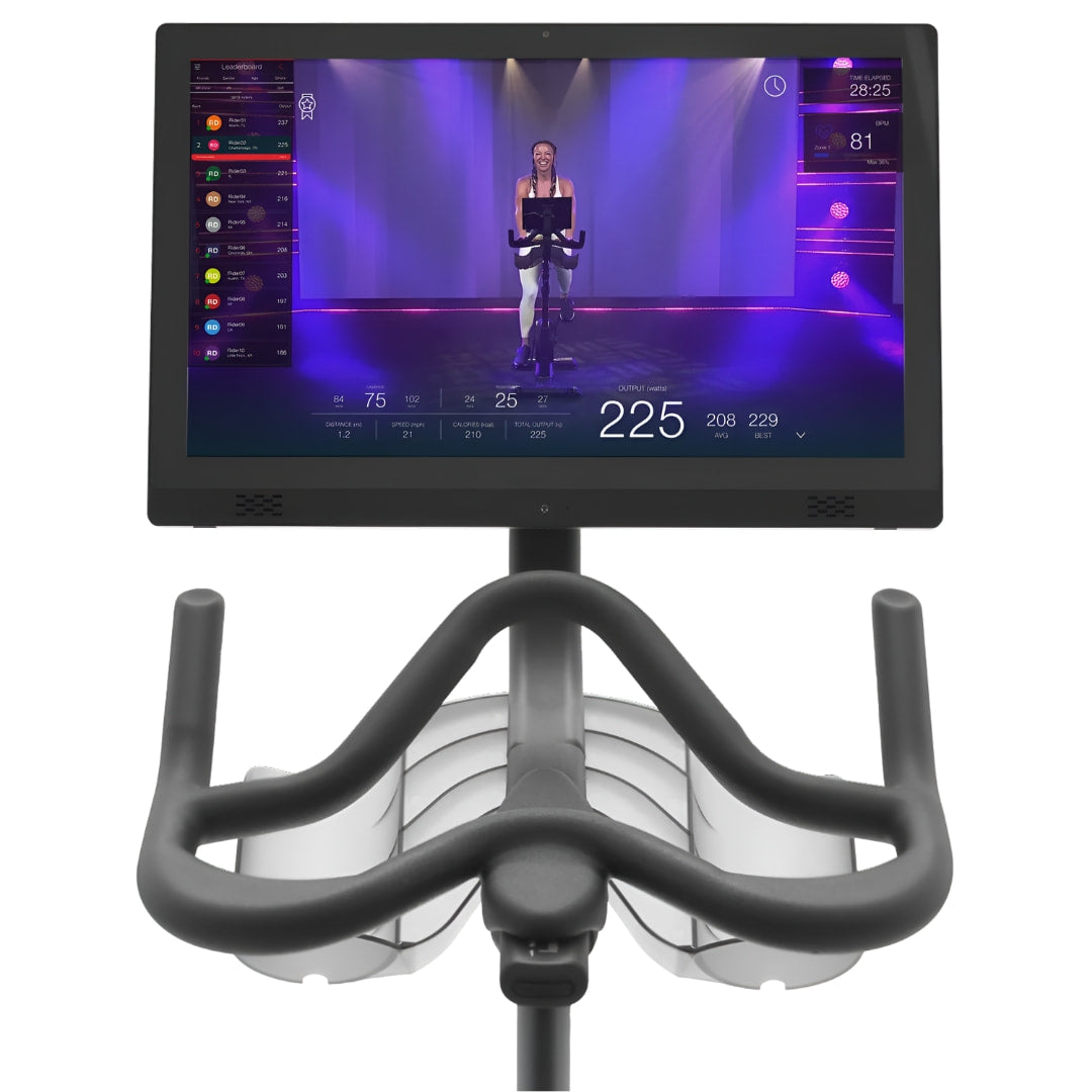 Echelon EX-5s Smart Connect Bike with a digital display showing workout metrics and a virtual instructor in a vibrant setting.