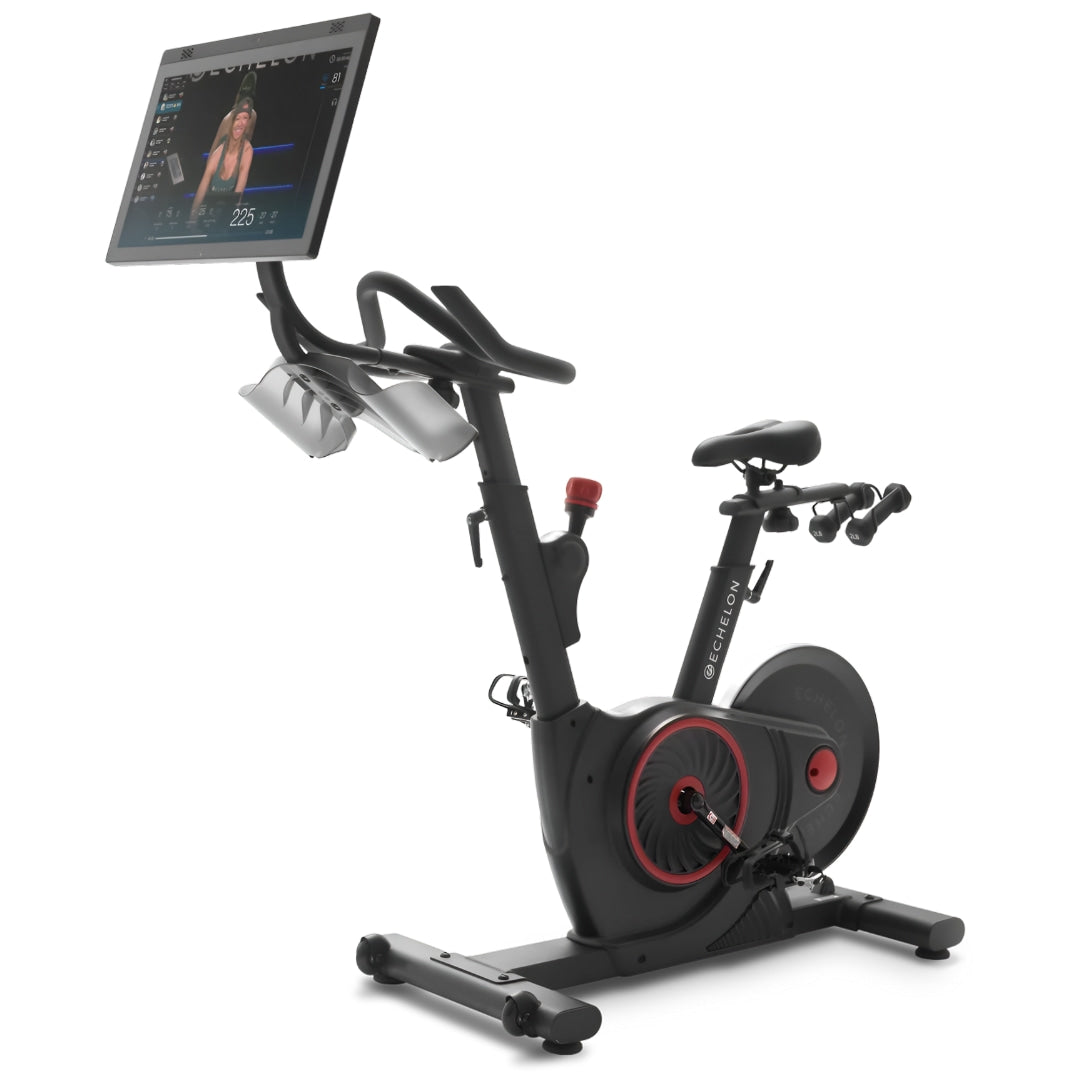 Echelon EX-5s Smart Connect Bike featuring a large screen for interactive workouts, adjustable seat, and handlebars with grips.