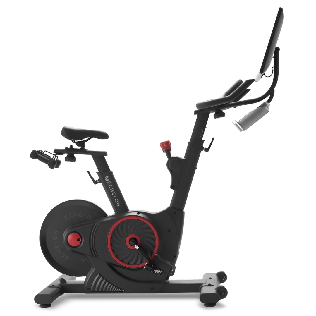 Echelon EX-5s Smart Connect Bike featuring adjustable seat, handlebars, and a display screen, designed for indoor cycling workouts.