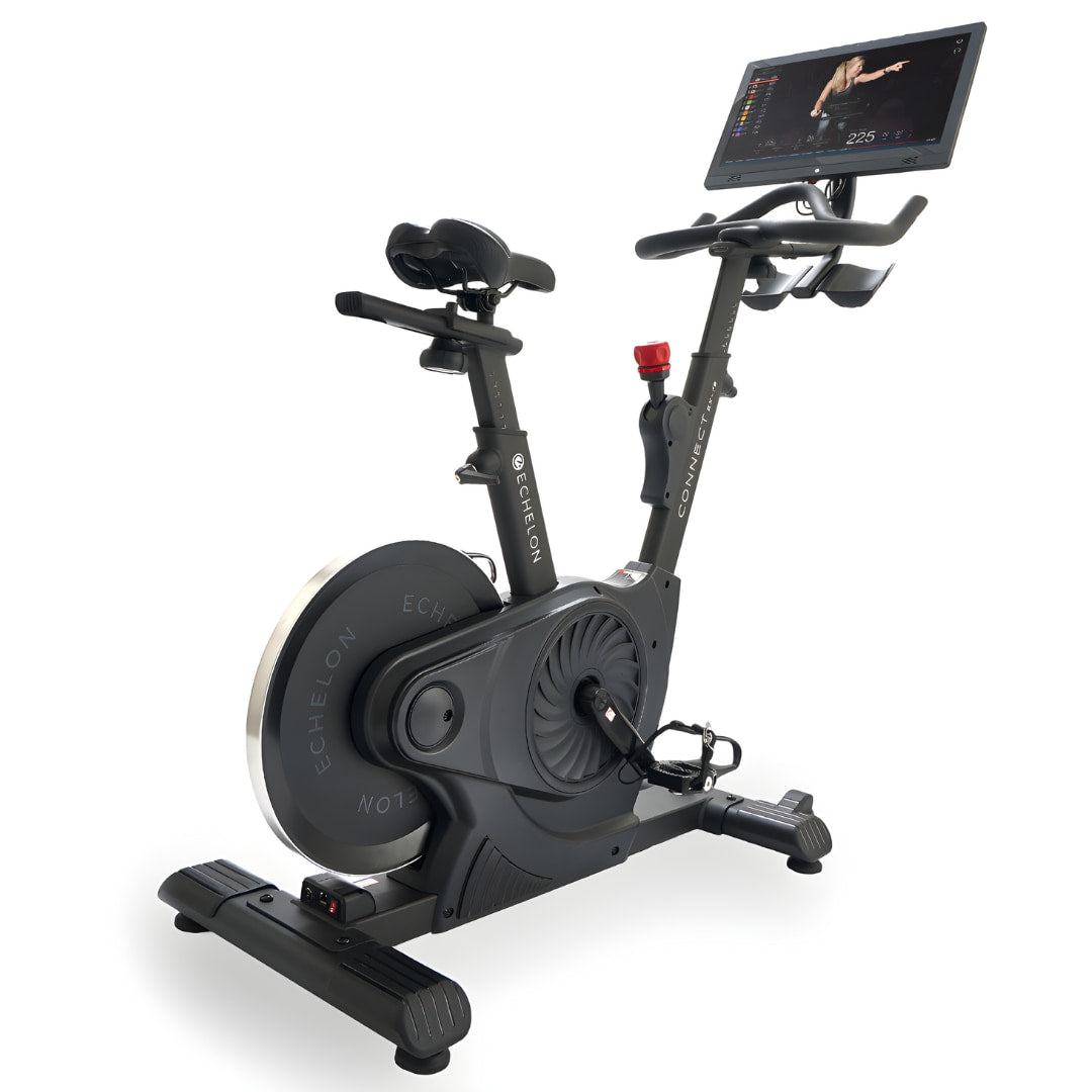 Echelon EX-7s Smart Connect Bike featuring a sleek design, adjustable seat, and a large display screen for interactive workouts.
