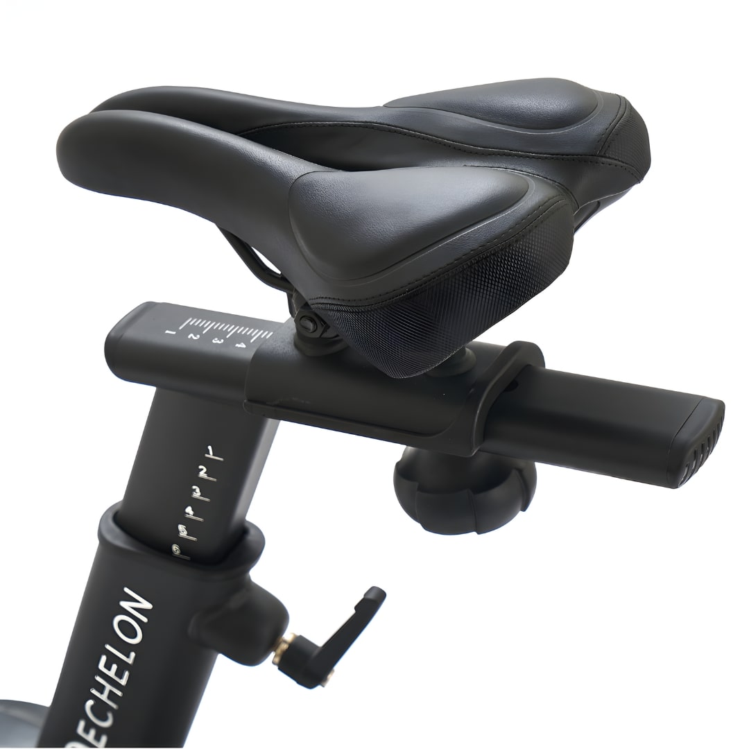 Close-up view of the seat and adjustable seat post of the Echelon EX-7s Smart Connect Bike.